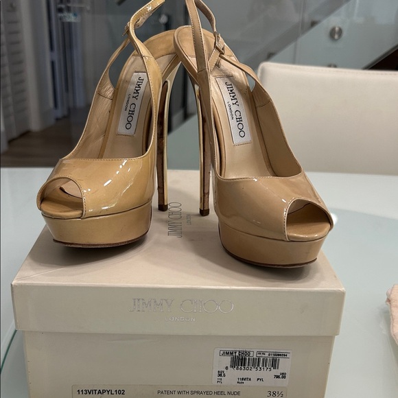 Jimmy Choo Shoes - Jimmy Choo Beige Patent Leather Platform Peep-Toe Slingbacks make your offer !!!